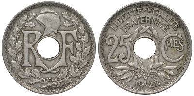 Франция 25 сантимов 1922 тип Lindauer KM 867а, Le Franc 171.6 медно-никель 4128-216