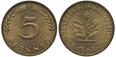 ФРГ 5 ПФЕННИГОВ 1969 J KM 107, Jager 382 сталь плакированная латунью 4547-741