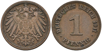 Германия 1 пфенниг 1911 D KM 10, J. 10 медь 4576-169