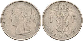 Бельгия 1 франк 1958 Belgie, Бодуэн I (1951-1993) KM 143.1 медно-никель 4563-1225