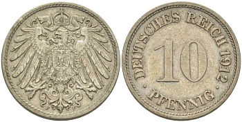 ГЕРМАНИЯ 10 ПФЕННИГОВ 1912 F KM 12, J. 13, Weege 8 медно-никель 212-223