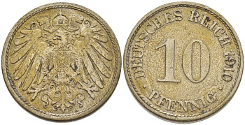 ГЕРМАНИЯ 10 ПФЕННИГОВ 1910 A KM 12, J. 13, Weege 8 медно-никель 212-131