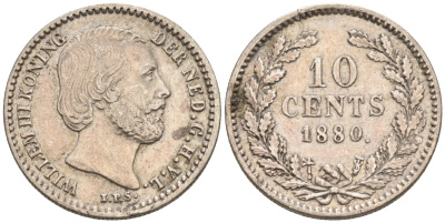Нидерланды 10 центов 1880 Виллем III (1849-1890) KM 80 серебро 1528-421