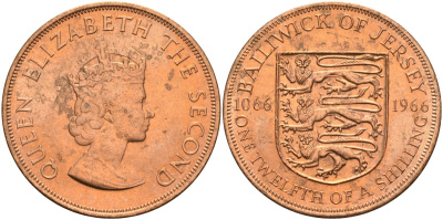 Джерси 1/12 шиллинга 1966 900 лет Нормандскому завоеванию KM 26 бронза UNC 4367-421