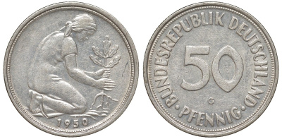ФРГ 50 пфеннигов 1950 G KM 109, J. 384 медно-никель 4132-643