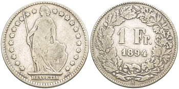 Швейцария 1 франк 1894 В KM 24 серебро 4544-352