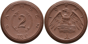 Саксония 2 марки 1921 J. N 56 фарфор 1094-2-34