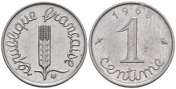 Франция 1 сантим 1968 KM 928, le Frank 106.15 хромированная сталь 100-421