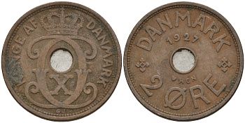 Дания 2 эре 1927 Кристиан X (1912-1947) KM 827 бронза 4147-445