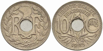 ФРАНЦИЯ 10 САНТИМОВ 1925 ТИП ЛИНДАЙЁ KM 866а, LE FRANC 138.12 медно-никель 108-146