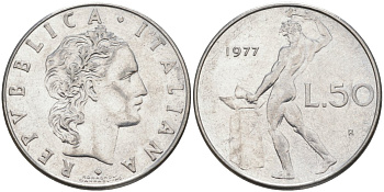 Италия 50 лир 1977 R, Бог огня Вулкан у наковальни KM 95.1 нержавеющая сталь 4525-627