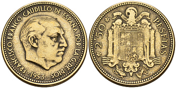 Испания 2 1/2 песеты 1953 (54) Франциско Франко (1939-1975) KM 785 алюминиевая бронза    4161-646