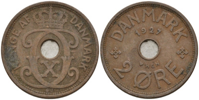 Дания 2 эре 1927 Кристиан X (1912-1947) KM 827 бронза 4147-445