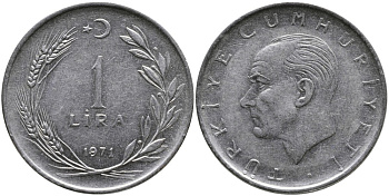 Турция 1 лира 1971 Мустафа Кемаль Ататюрк KM 889а.2 нержавеющая сталь 4364-3113