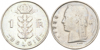 БЕЛЬГИЯ 1 ФРАНК 1966 BELGIE KM 143.1 медно-никель 68-525