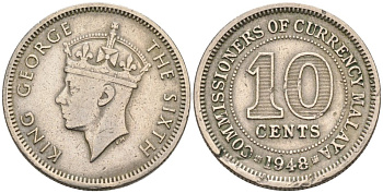 Британская Малайя 10 центов 1948 Георг VI (1937-1952) KM 8 медно-никель 4567-127