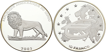 Конго 10 франков 2003 Евросоюз Schoon 177 серебро PROOF 00-00