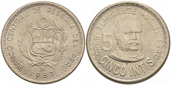 Перу 5 инти 1987 Мигель Грау KM 300 медно-никель UNC 181-937
