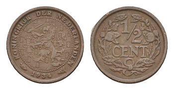 Нидерланды 1/2 цента 1934 Вильгельмина (1890-1948) KM 138 бронза 4649-528