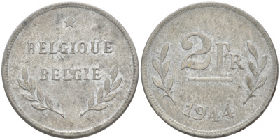 БЕЛЬГИЯ 2 ФРАНКА 1944 KM 133 сталь плакированная цинком 214-864