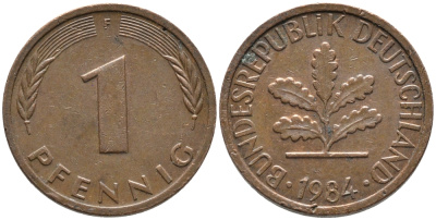 ФРГ 1 пфеннига 1984 F KM 105, J. 380 сталь плакированная медью 99-1259