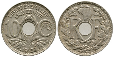 ФРАНЦИЯ 10 САНТИМОВ 1938 ТИП ЛИНДАЙЁ .1938. KM 889.1, LE FRANC 139.3 никель бронза 4364-1342