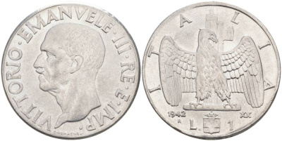 ИТАЛИЯ 1 ЛИРА 1942 R, ГОД XX, ВИКТОР ЭММАНУИЛ III (1900-1946) KM 77b, VEM3. 1102 нержавеющая сталь 3855-431