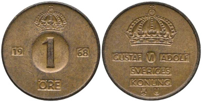 Швеция 1 эре 1968 U, Густав VI Адольф (1950-1973) KM 820 бронза 201-1158