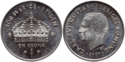 Швеция 1 крона 2007 Карл XVI Густав (1973- ) KM 894 медно-никель 93-1112