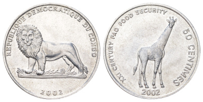 ДР Конго 50 сантимов 2002 Животные - Жираф KM 78 алюминий UNC 4616-956