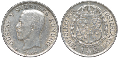Швеция 1 крона 1940 G, Густав V (1907-1950) KM 786.2 серебро 4178-653