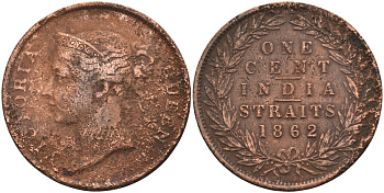 Стрейтс-Сетлментс 1 цент 1862 Виктория (1837-1901), Ост-Индская компания KM 6 медь 4590-226