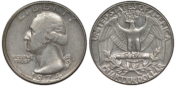 США 25 центов (квотер) 1974 Вашингтон KM 164a медь плакированная медно-никелем 4128-634