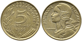 ФРАНЦИЯ 5 САНТИМОВ 1966 ТИП MARIANNE KM 933, LE FRANC 125.2 алюминиевая бронза 99-1113