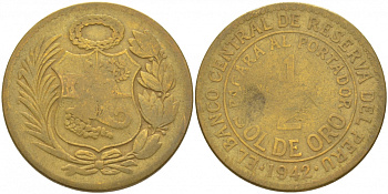 ПЕРУ 1/2 СОЛЬ 1942 KM 220.5 латунь 216-1014