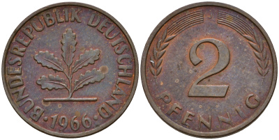 ФРГ 2 пфеннига 1966 J J.381  KM 106 бронза    4598-744
