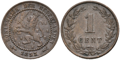 Нидерланды 1 цент 1897 Вильгельмина (1890-1948) KM 107 бронза 4576-627