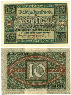 ГЕРМАНИЯ 10 МАРОК 1920 6 ФЕВРАЛЯ 1920, БУКВА K Pick 67a бумага 7547-71-2