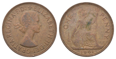 Великобритания 1 пенни 1961 Елизавета II (1952-2022) KM 897, Spink 4157 бронза 4661-836