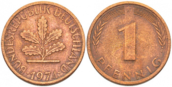 ФРГ 1 ПФЕННИГ 1974 J KM 105, J.380 сталь плакированная медью 4396-1524
