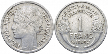ФРАНЦИЯ 1 ФРАНК 1945 С KM 885а.3 алюминий 4448-323