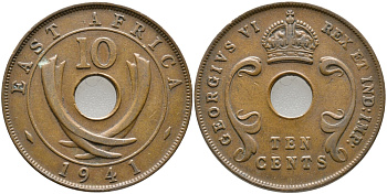 Британская Восточная Африка 10 центов 1941 Георг VI (1936-1952) KM 26.1 бронза 32-112