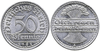 ГЕРМАНИЯ 50 ПФЕННИГОВ 1921 A KM 27, J. 301 алюминий 24-1037