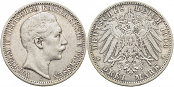 Пруссия 3 марки 1909 Вильгельм II (1888-1918) KM 527, J. 103 серебро    3896-1045