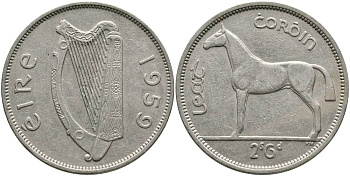 ИРЛАНДИЯ 1/2 КРОНЫ = 2 ШИЛЛИНГА 6 ПЕНСОВ 1959 ЛОШАДЬ KM 16а медно-никель 4531-846