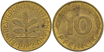 ФРГ 10 пфеннигов 1982 J J. 383, KM 108 сталь плакированная латунью    4603-524