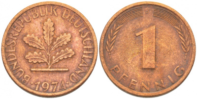 ФРГ 1 ПФЕННИГ 1974 J KM 105, J.380 сталь плакированная медью 4396-1524