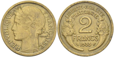 ФРАНЦИЯ 2 ФРАНКА 1933 ТИП MORLON KM 886, LE FRANC 268.5 алюминиевая бронза 180-521