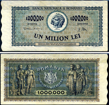 Румыния 1000000 леев 1947 Траян и Децебал, семья крестьян Pick 60 a бумага 8590-25-2-1