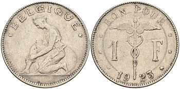 Бельгия 1 франк 1923 Belgique, Альберт I (1909-1934) KM 89 никель 4592-514